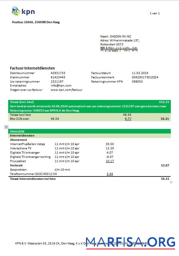 Blank Netherlands KPN business utility bill template in Word and PDF format